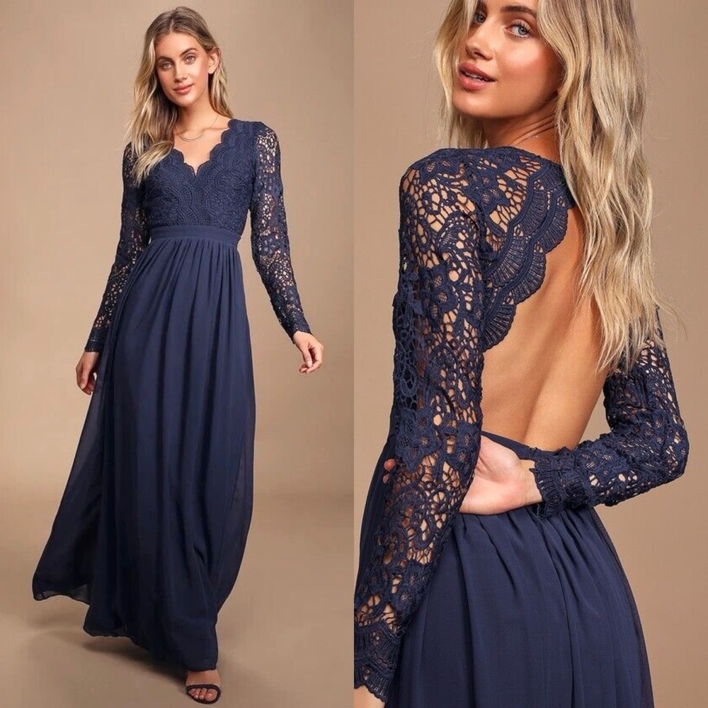 Lulu’s NWT Awaken My Love long full length Dress Navy Blue Womens size M
